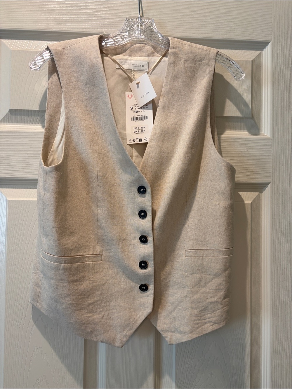 Zara Neutral Linen-Blend Sleeveless Button Vest